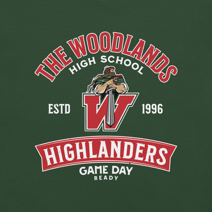 Close-up view of The Woodlands High School Highlanders Forest Green Premium Unisex T-shirt 221