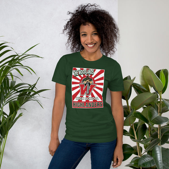 Woman wearing The Woodlands High School Highlanders Forest Green Premium Unisex T-shirt 226