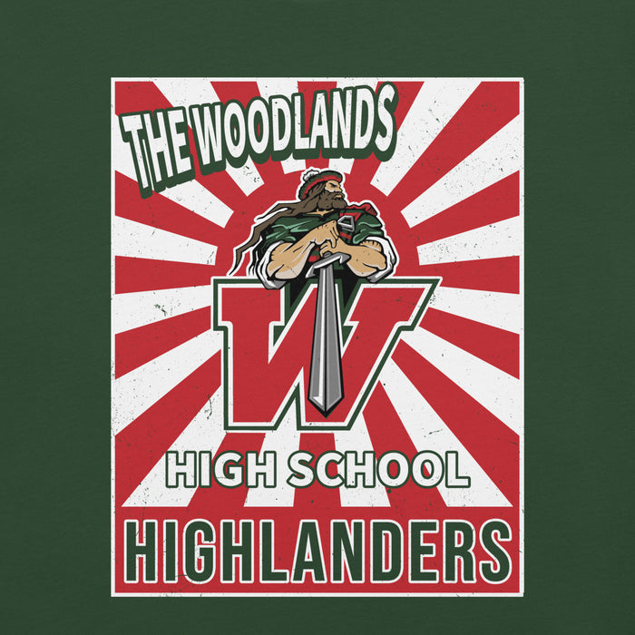 Close-up view of The Woodlands High School Highlanders Forest Green Premium Unisex T-shirt 226