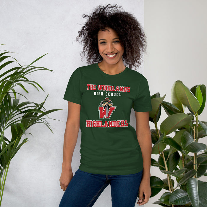 Woman wearing The Woodlands High School Highlanders Forest Green Premium Unisex T-shirt 006