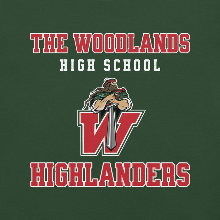 Close-up view of The Woodlands High School Highlanders Forest Green Premium Unisex T-shirt 006