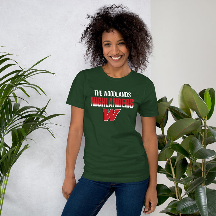 Woman wearing The Woodlands High School Highlanders Forest Green Premium Unisex T-shirt 024