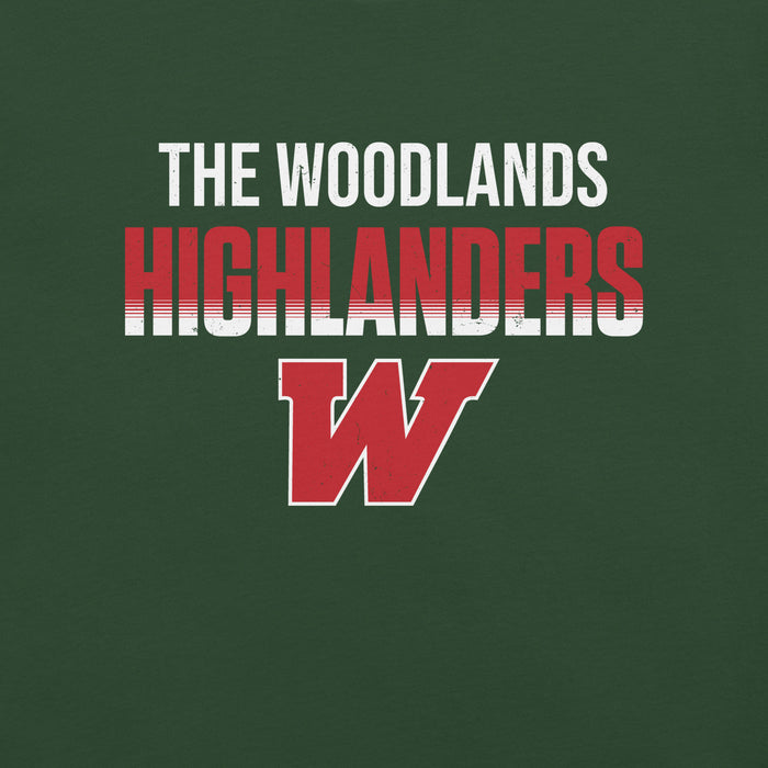 Close-up view of The Woodlands High School Highlanders Forest Green Premium Unisex T-shirt 024