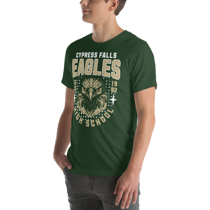 Man wearing Cypress Falls High School Eagles Forest Green Premium Unisex T-shirt 204