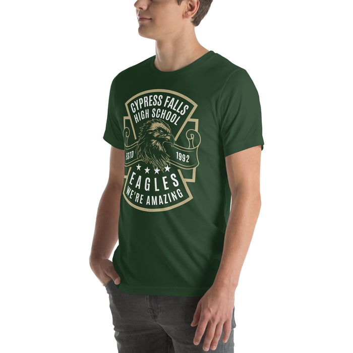 Man wearing Cypress Falls High School Eagles Forest Green Premium Unisex T-shirt 207