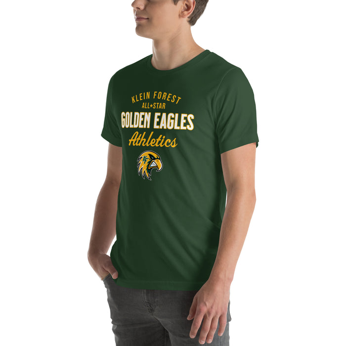 Man wearing Klein Forest High School Golden Eagles Premium Forest Green Unisex T-shirt 034