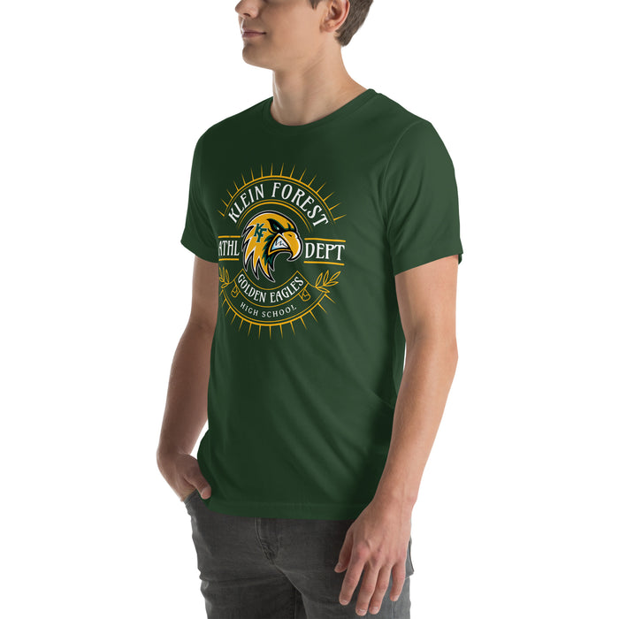 Man wearing Klein Forest High School Golden Eagles Premium Forest Green Unisex T-shirt 201
