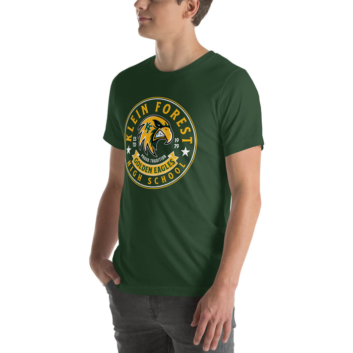 Man wearing Klein Forest High School Golden Eagles Premium Forest Green Unisex T-shirt 215