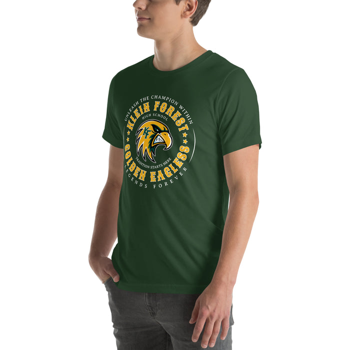 Man wearing Klein Forest High School Golden Eagles Premium Forest Green Unisex T-shirt 214