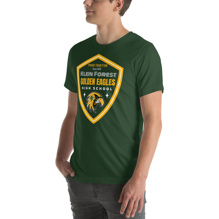Man wearing Klein Forest High School Golden Eagles Premium Forest Green Unisex T-shirt 225