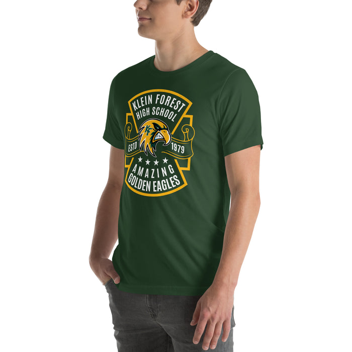 Man wearing Klein Forest High School Golden Eagles Premium Forest Green Unisex T-shirt 207