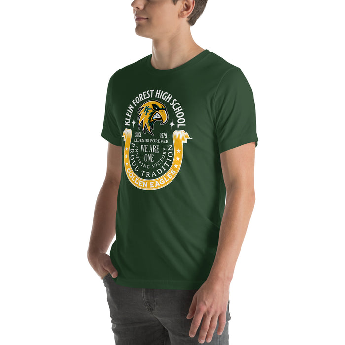 Man wearing Klein Forest High School Golden Eagles Premium Forest Green Unisex T-shirt 229