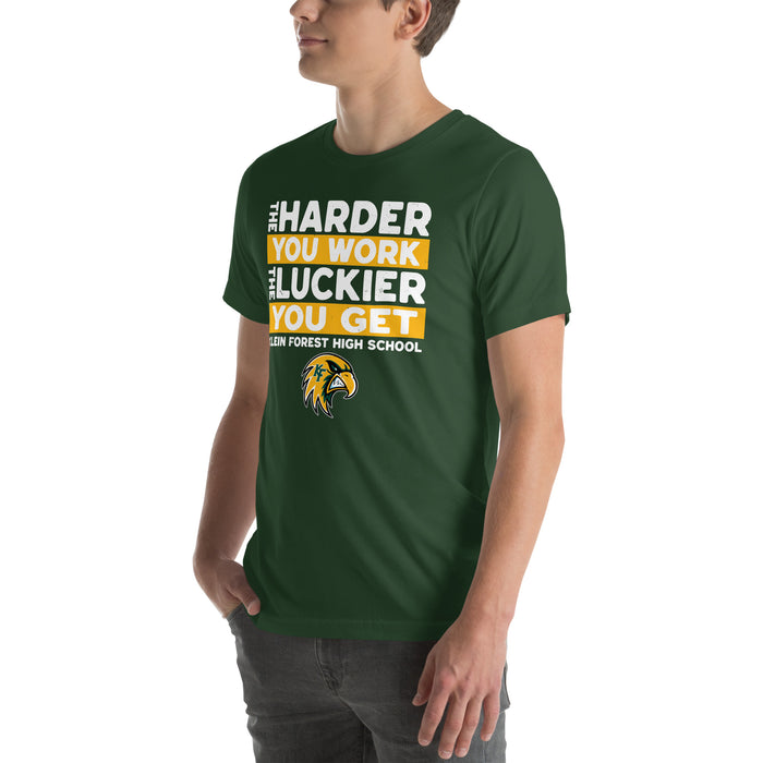 Man wearing Klein Forest High School Golden Eagles Premium Forest Green Unisex T-shirt 238