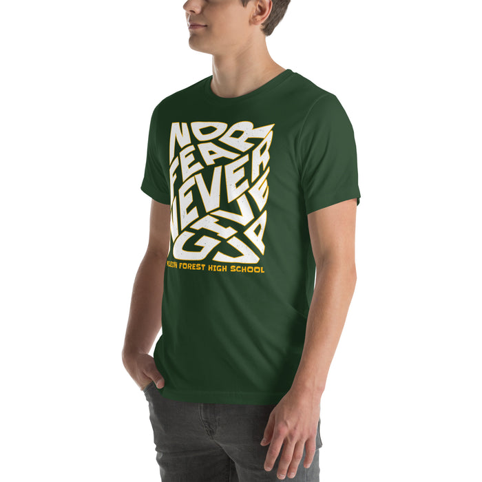 Man wearing Klein Forest High School Golden Eagles Premium Forest Green Unisex T-shirt 236