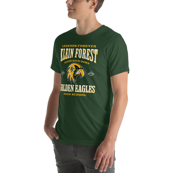 Man wearing Klein Forest High School Golden Eagles Premium Forest Green Unisex T-shirt 230