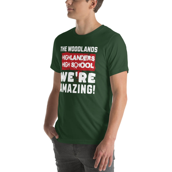 Man wearing The Woodlands High School Highlanders Forest Green Premium Unisex T-shirt 231