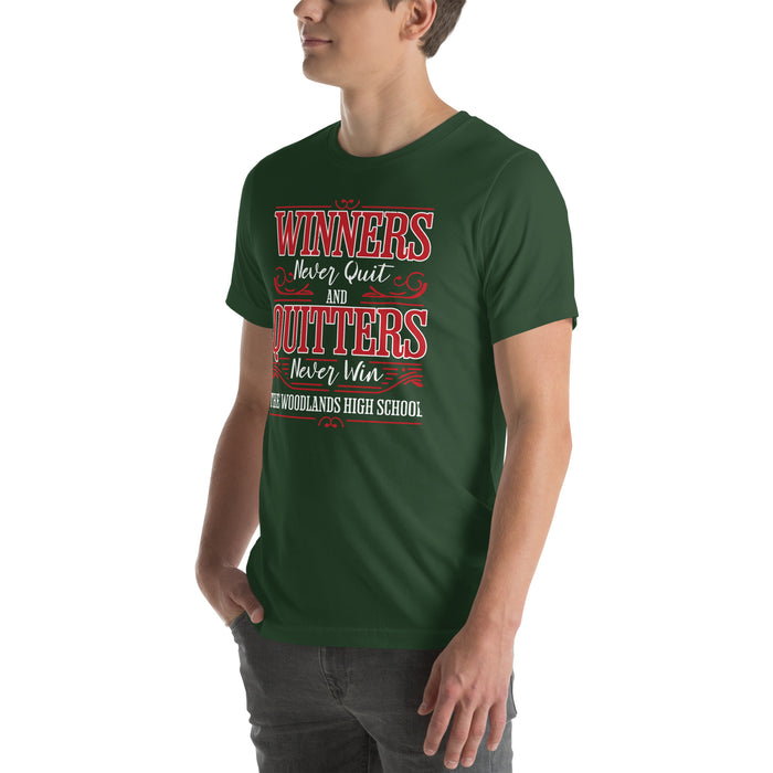 Man wearing The Woodlands High School Highlanders Forest Green Premium Unisex T-shirt 237