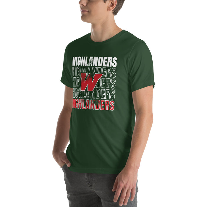 Man wearing The Woodlands High School Highlanders Forest Green Premium Unisex T-shirt 233