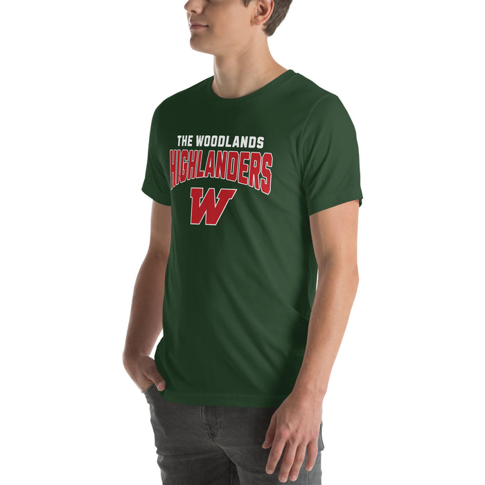 Man wearing The Woodlands High School Highlanders Forest Green Premium Unisex T-shirt 234
