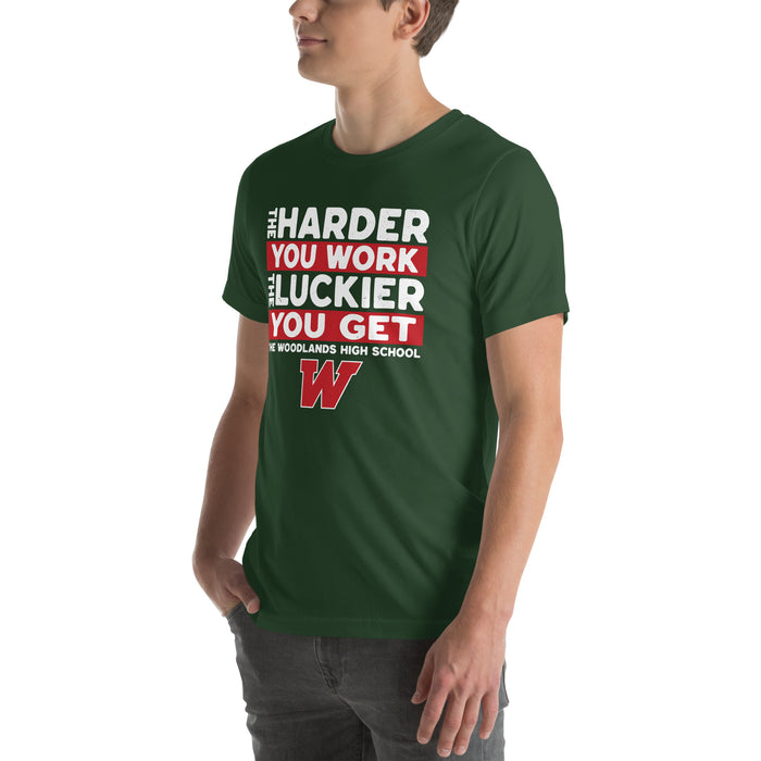 Man wearing The Woodlands High School Highlanders Forest Green Premium Unisex T-shirt 238