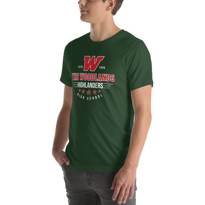 Woman wearing The Woodlands High School Highlanders Forest Green Premium Unisex T-shirt 217