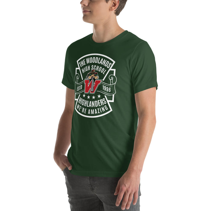 Man wearing The Woodlands High School Highlanders Forest Green Premium Unisex T-shirt 207