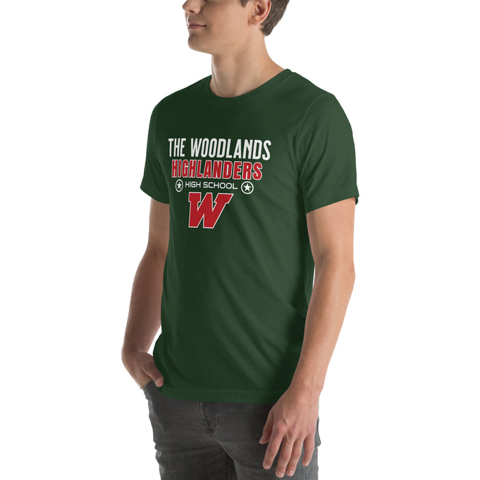 Man wearing The Woodlands High School Highlanders Forest Green Premium Unisex T-shirt 003