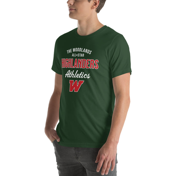 Man wearing The Woodlands High School Highlanders Forest Green Premium Unisex T-shirt 034