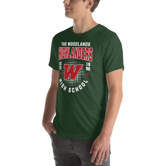 Man wearing The Woodlands High School Highlanders Forest Green Premium Unisex T-shirt 204