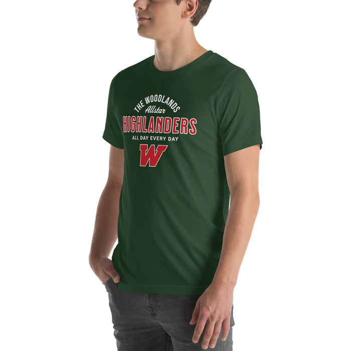 Man wearing The Woodlands High School Highlanders Forest Green Premium Unisex T-shirt 040