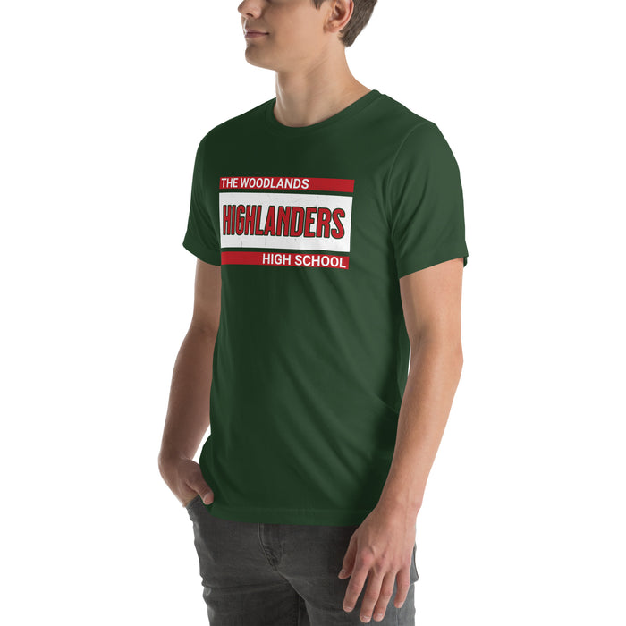 Man wearing The Woodlands High School Highlanders Forest Green Premium Unisex T-shirt 098