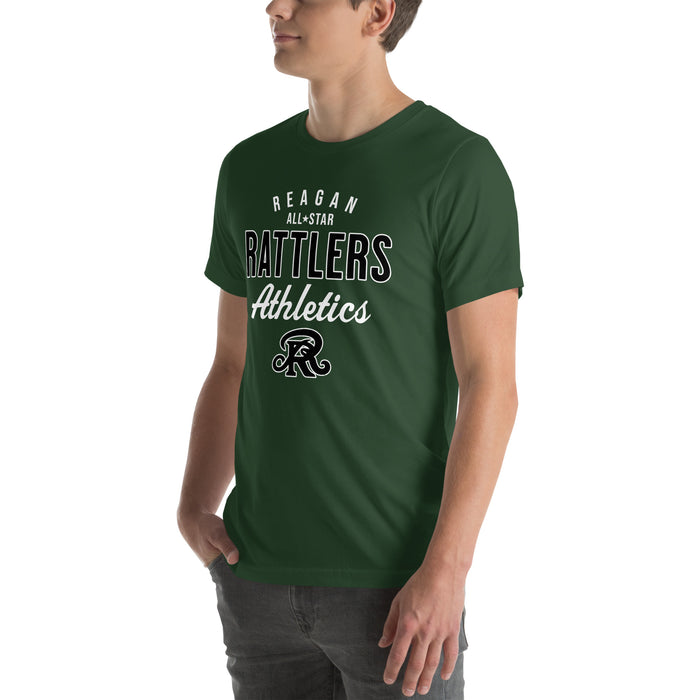 Man wearing Reagan High School Rattlers Forest Green Premium Unisex T-shirt 034