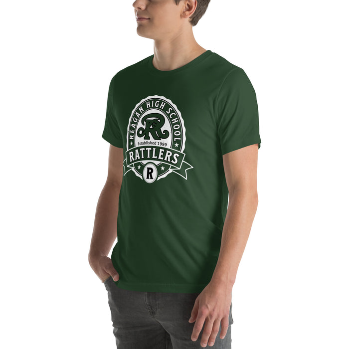 Man wearing Reagan High School Rattlers Forest Green Premium Unisex T-shirt 212