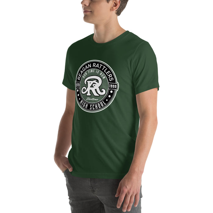 Man wearing Reagan High School Rattlers Forest Green Premium Unisex T-shirt 224