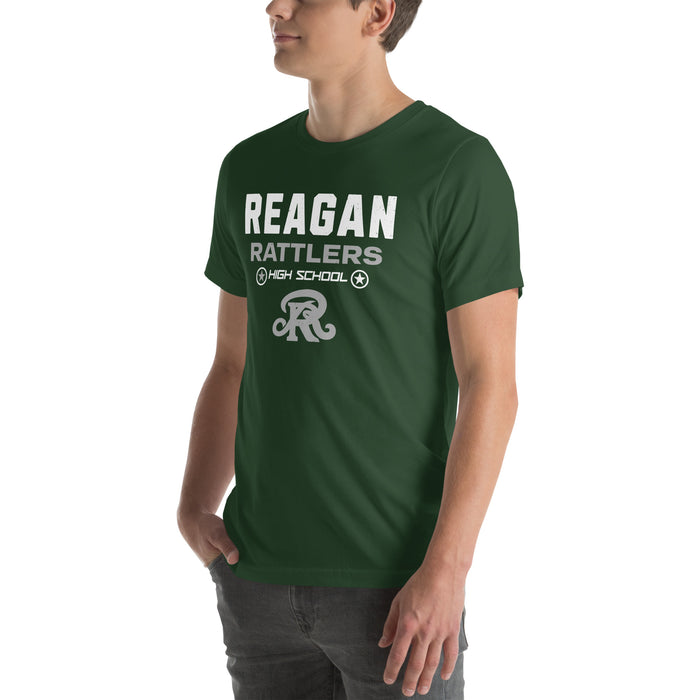 Man wearing Reagan High School Rattlers Forest Green Premium Unisex T-shirt 003