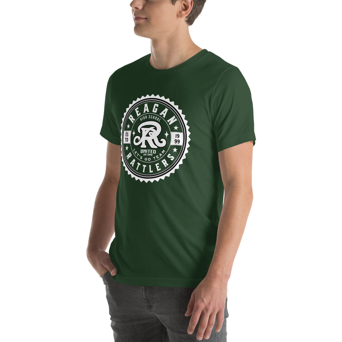 Man wearing Reagan High School Rattlers Forest Green Premium Unisex T-shirt 203