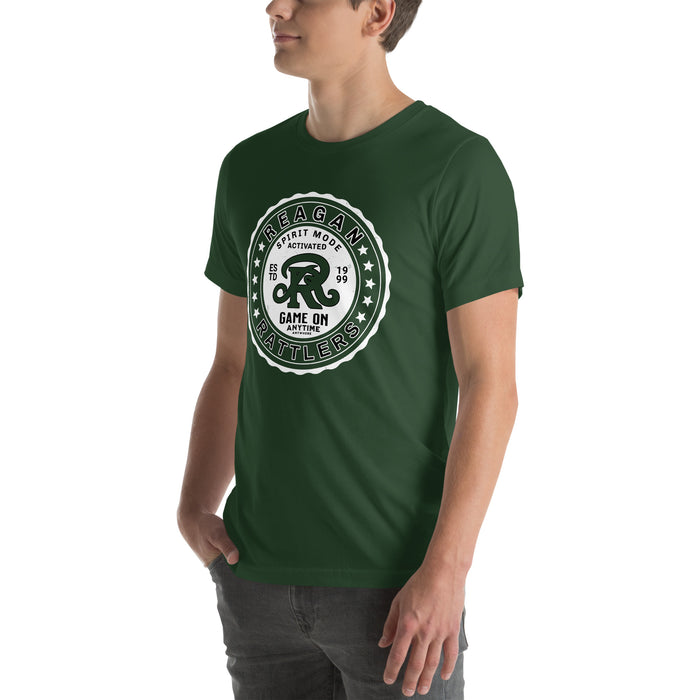 Man wearing Reagan High School Rattlers Forest Green Premium Unisex T-shirt 216