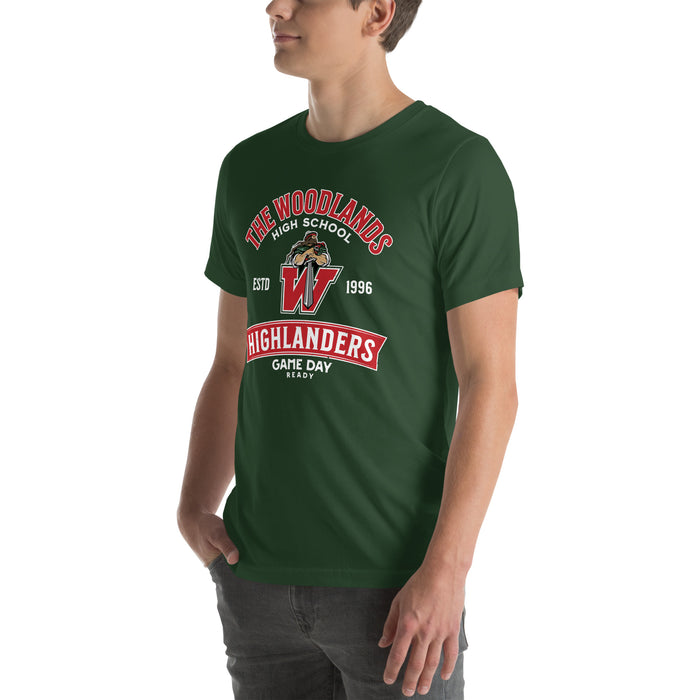 Man wearing The Woodlands High School Highlanders Forest Green Premium Unisex T-shirt 221