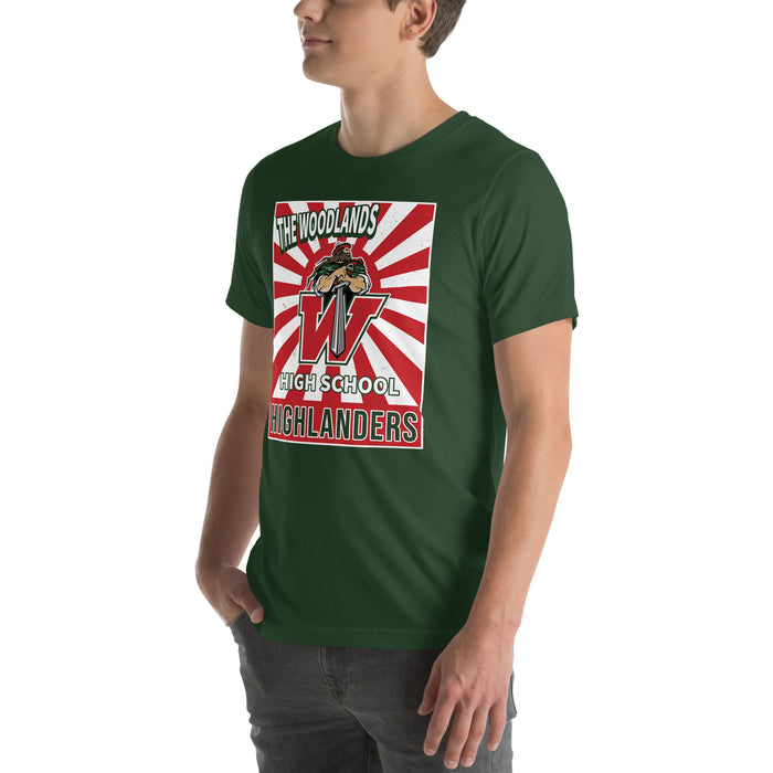 Man wearing The Woodlands High School Highlanders Forest Green Premium Unisex T-shirt 226