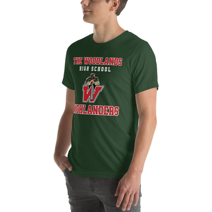 Man wearing The Woodlands High School Highlanders Forest Green Premium Unisex T-shirt 006