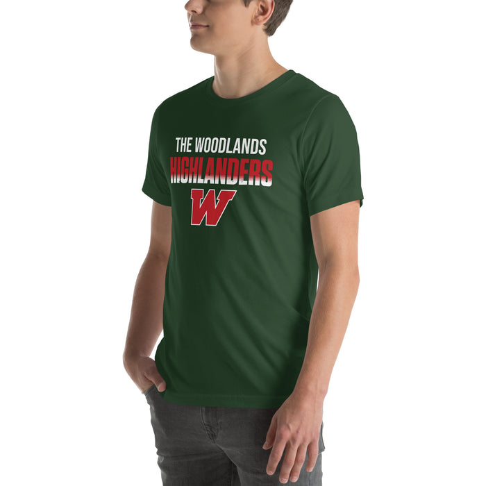 Man wearing The Woodlands High School Highlanders Forest Green Premium Unisex T-shirt 024