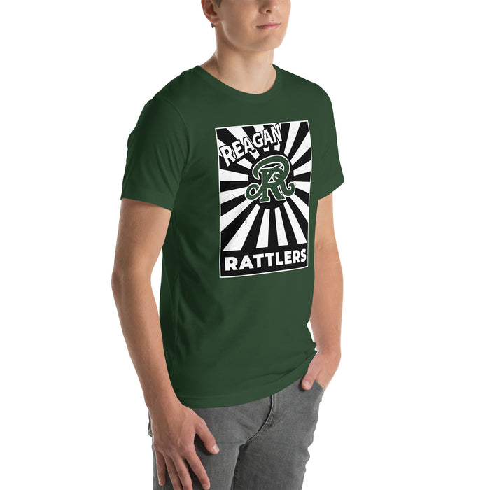 Man wearing Reagan High School Rattlers Forest Green Premium Unisex T-shirt 226