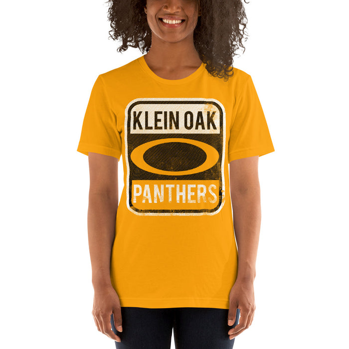 Woman wearing a Klein Oak High School Panthers Premium Gold Unisex T-shirt 01