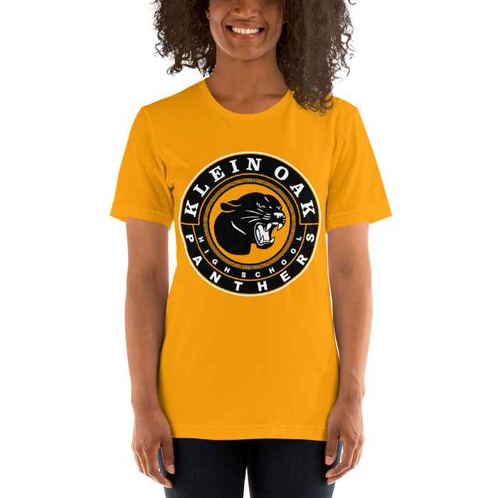 Woman wearing a Klein Oak High School Panthers Premium Gold Unisex T-shirt 03