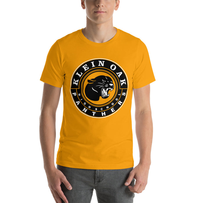 Man wearing a Klein Oak High School Panthers Premium Gold Unisex T-shirt 03