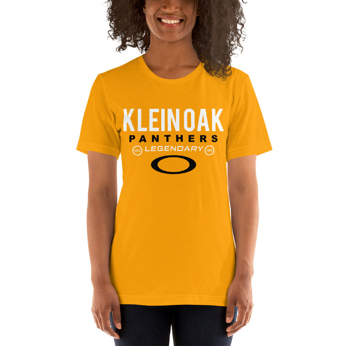 Woman wearing a Klein Oak High School Panthers Premium Gold Unisex T-shirt 03