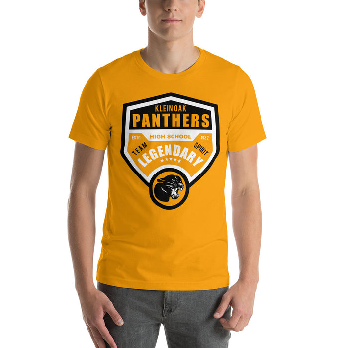 Man wearing a Klein Oak High School Panthers Premium Gold Unisex T-shirt 14