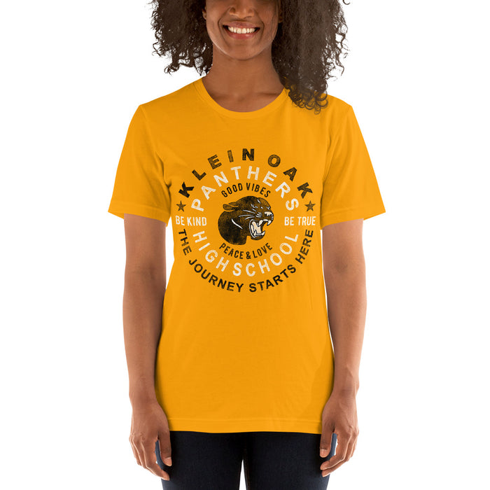 Woman wearing a Klein Oak High School Panthers Premium Gold Unisex T-shirt 16