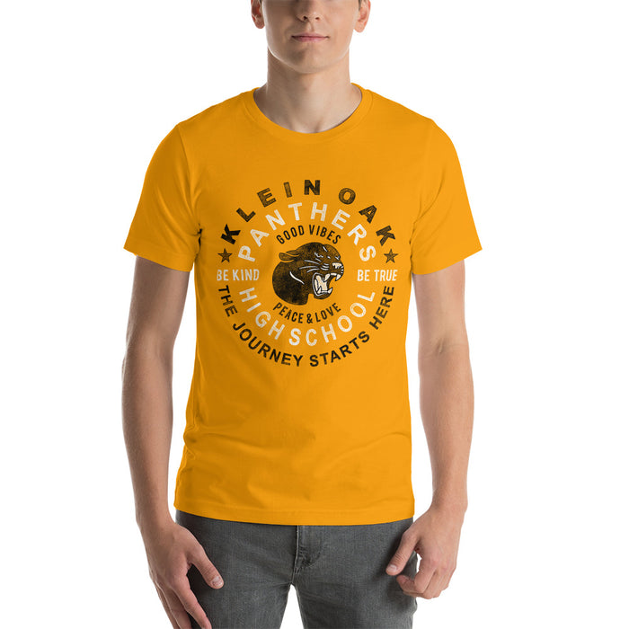 Man wearing a Klein Oak High School Panthers Premium Gold Unisex T-shirt 16