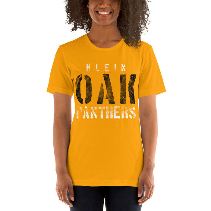 Woman wearing a Klein Oak High School Panthers Premium Gold Unisex T-shirt 17